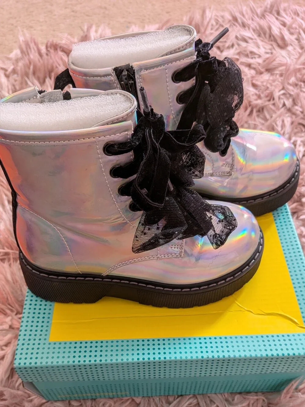 Kids Holographic Lace-Up Ankle Boots with Black Ribbon Laces